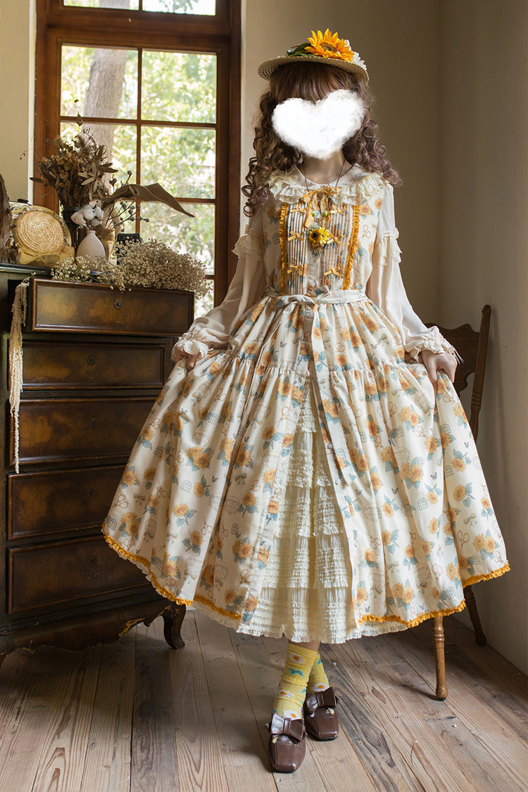 Apricot Sweet Elegant Lolita JSK Dress with Sleeveless Print Ruffles and Bowknot Accents