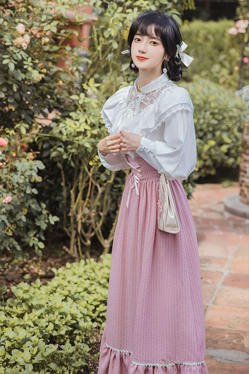 Rose Antique Palace Style Ruffled Stripe Pattern Elevated Waist Timeless Lolita Gown