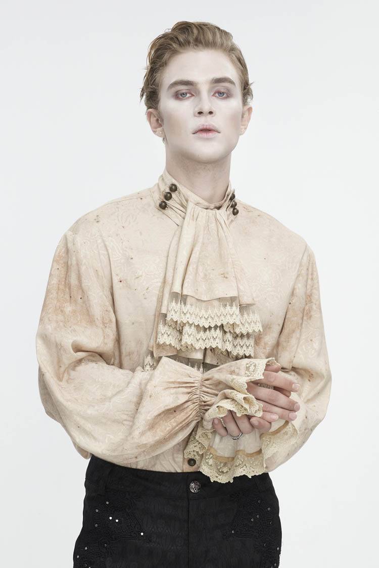 Gothic Apricot Stand Collar Puff Sleeve Men's Shirt with Necktie