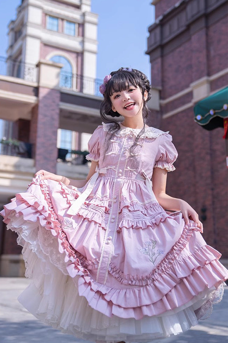 Pink Iris-Print Ruffled Dress with Short Sleeves and Embroidery