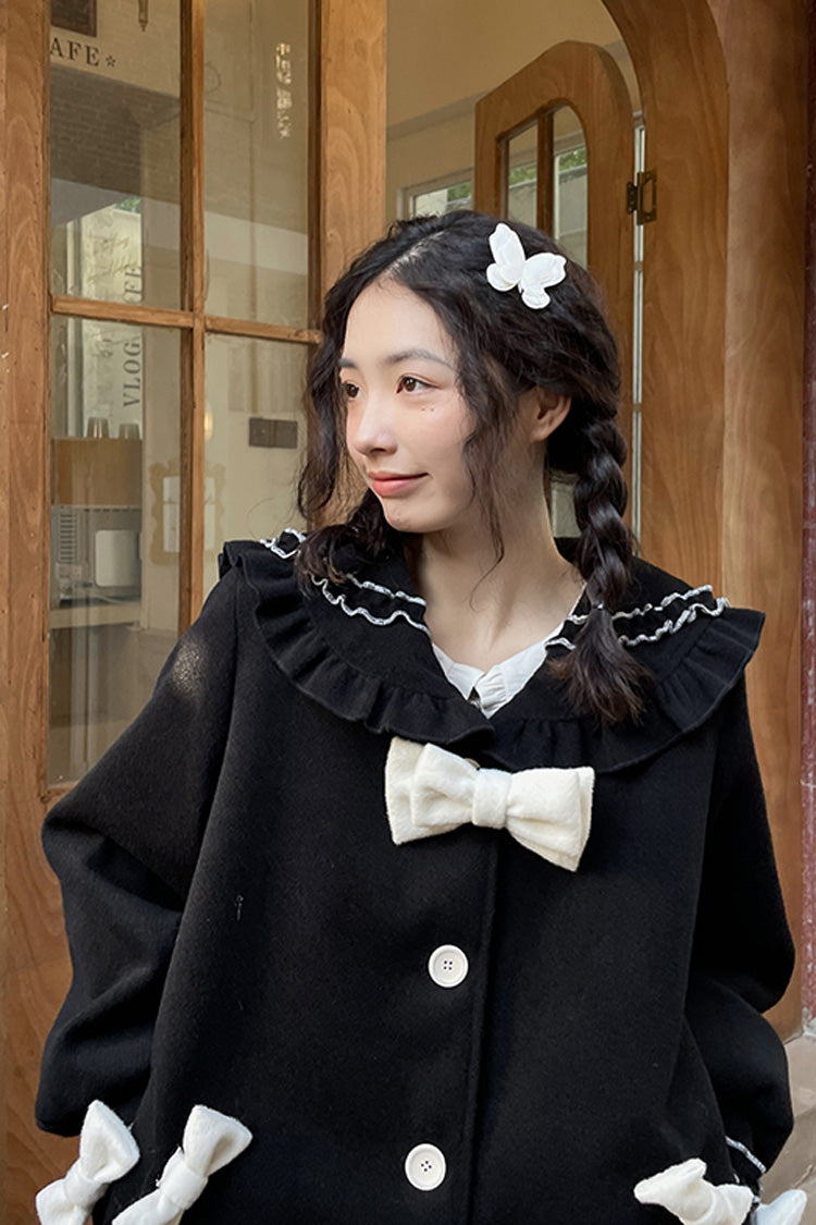 Doll-Collar Long-Sleeve Bow Princess Coat in Black