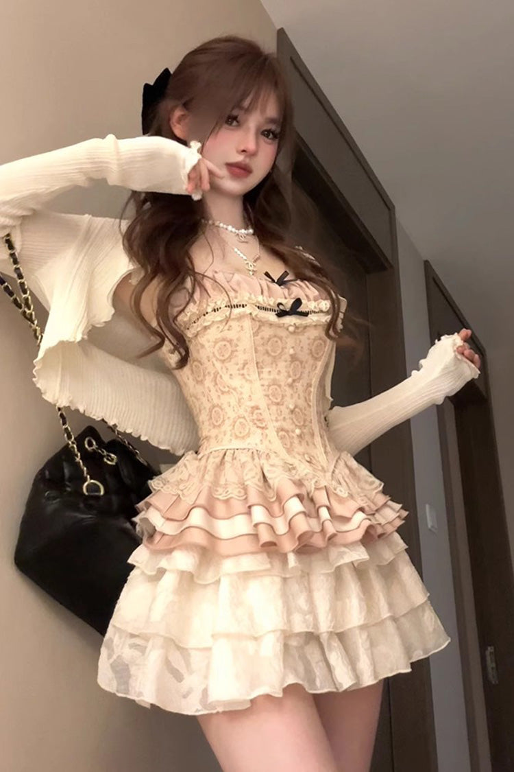 Apricot Multi-Layer Printed Embroidered Bow Sweet Vintage Lolita Skirt