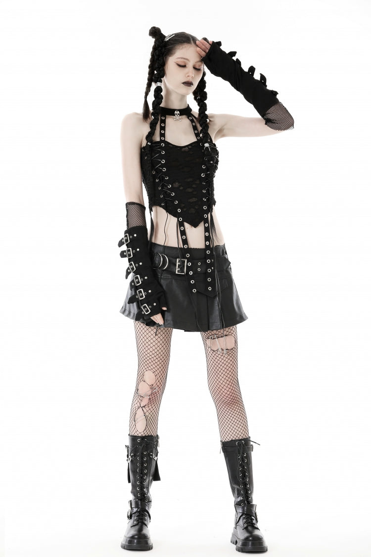Gritty Black Eyelet Lace-Up Ripped Halter Punk Tank Top