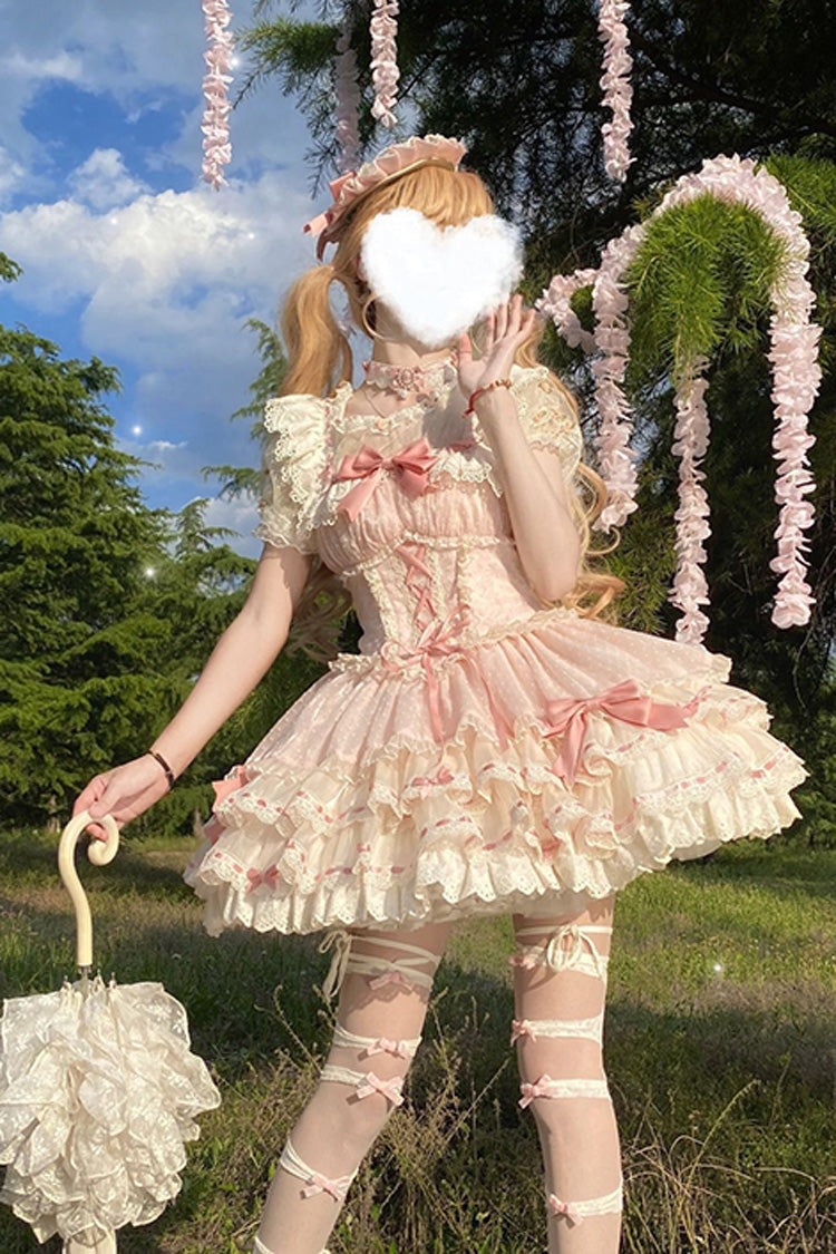 Pink Double-Layered Ruffled Bow Lace-Up Sweet Ballet JSK - Flory Butterfly