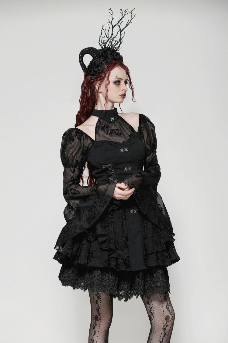 Majestic Black Multi-Layered Lace Trumpet Puff Sleeve Halter Gothic Lolita Graduation Gown