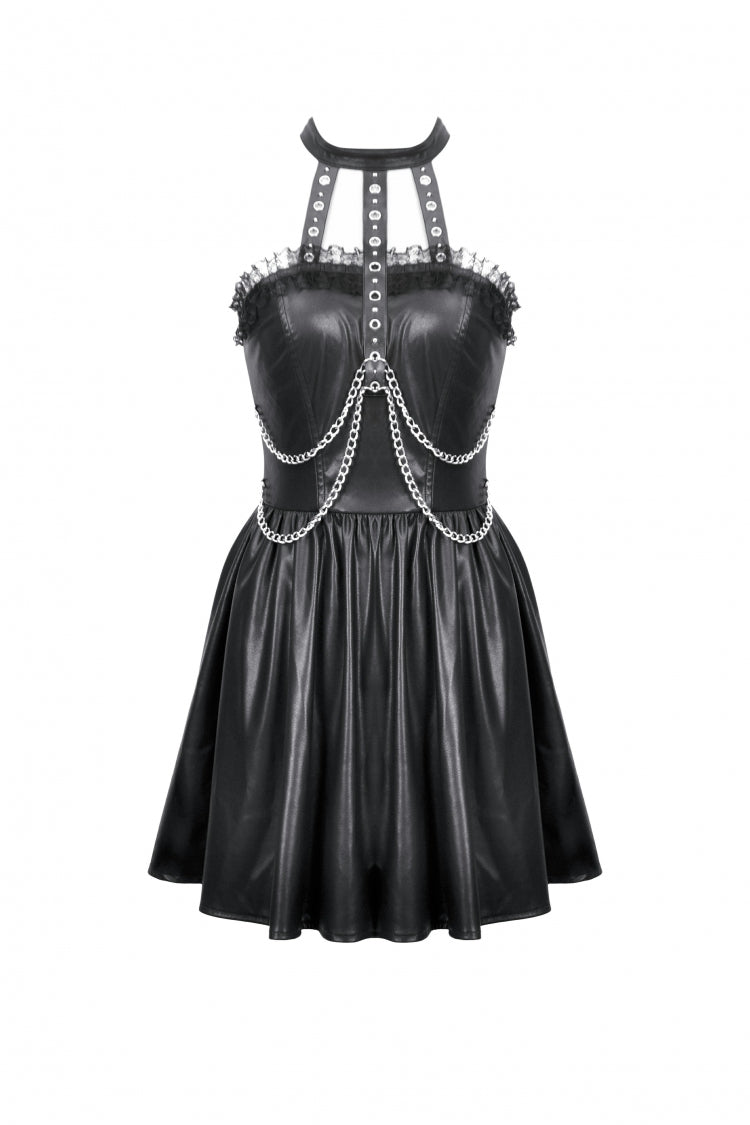 Halterneck Zippered Chain-Decorated Eyelet Punk Faux Leather Dress