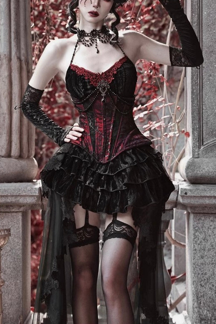 Crimson & Black Rococo Boned Bustle with Ruffled Layers