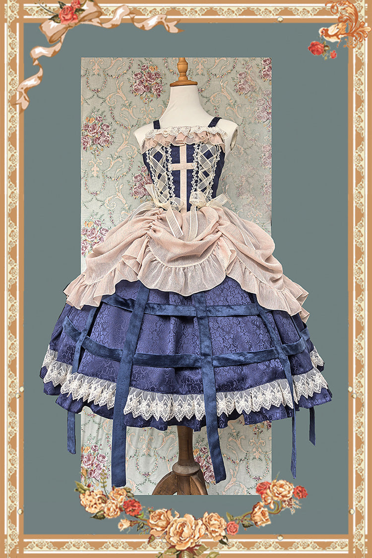 Sleeveless Printed Ruffled Bow Lace-Up Gothic Elegant Jsk Dress - Two Colors