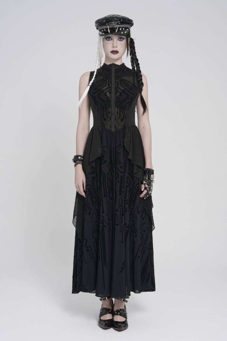 Stand Collar Sleeveless Multi-Layered Printed Sheer Punk Elegant Gorgeous Dress