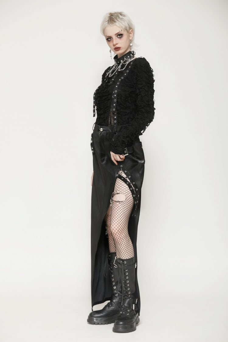 Coal Leather Skirt with Buckle Accents and Side Slit
