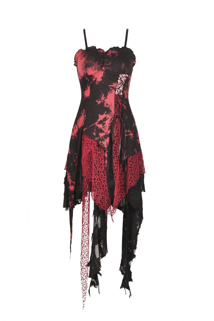 Crimson & Noir Tie-Dye Patchwork Punk Slip Dress with Irregular Hem
