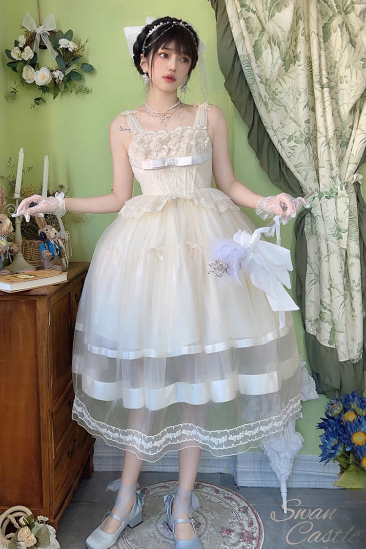 Sweet Lace JSK Long Dress with Bowknot in Ivory
