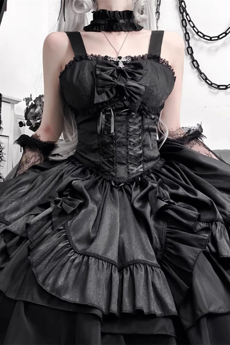 Triple-Layered Lace-Up Gothic Skirt Set in Black