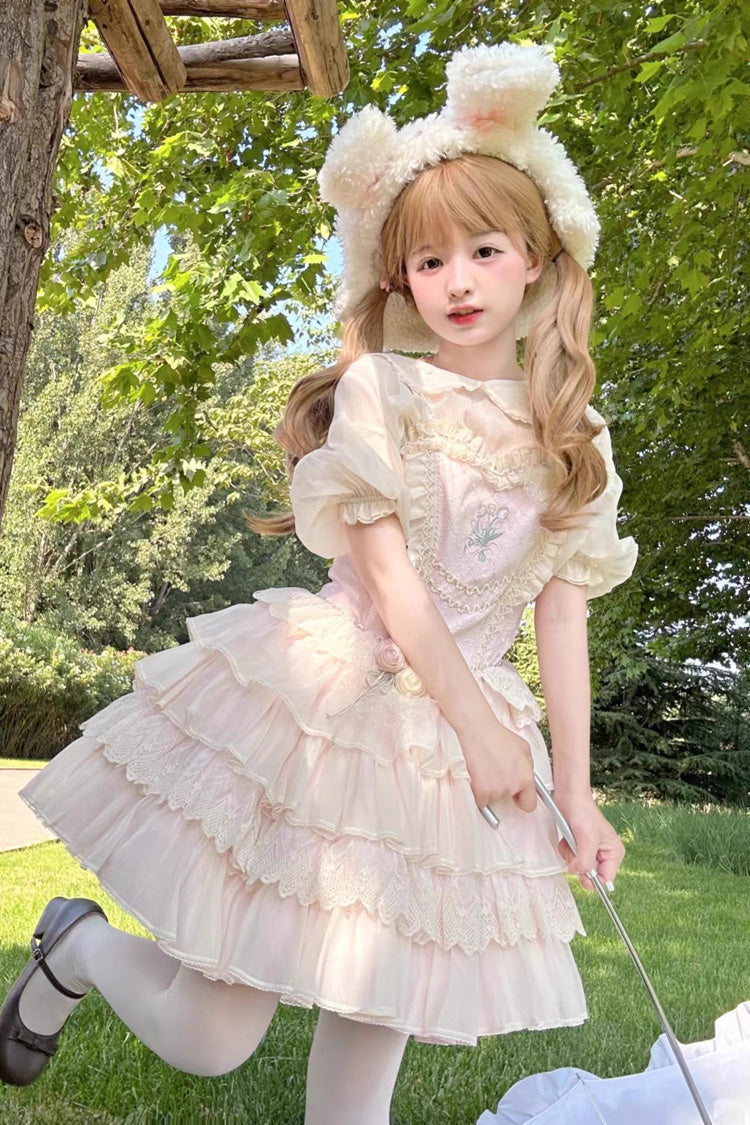 Good Night Tulip Sleeveless Multi-Tiered Ruffled Embroidered Lace Sweet Ballet Lolita Jumper Dress Two Colors