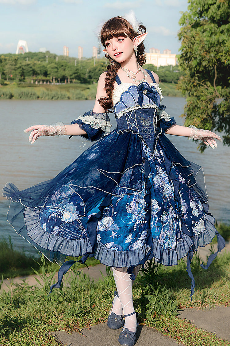 Blue Print Ruffle Lace Sweet Elegant Lolita Jsk Dress