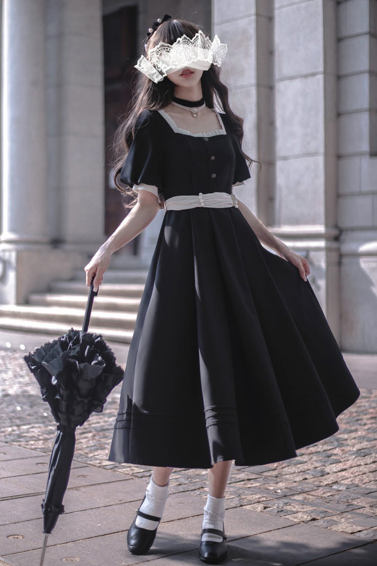 Black Random Thoughts Square Collar Classic Vintage Gown