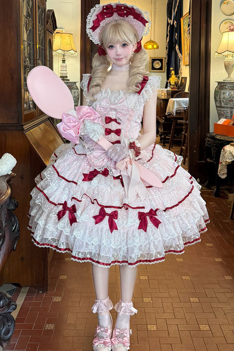 Pink Moon-Tide Butterfly’s Call Sleeveless Multi-Tiered Ruffle Bow Lace Sweet Lolita Jumper Dress