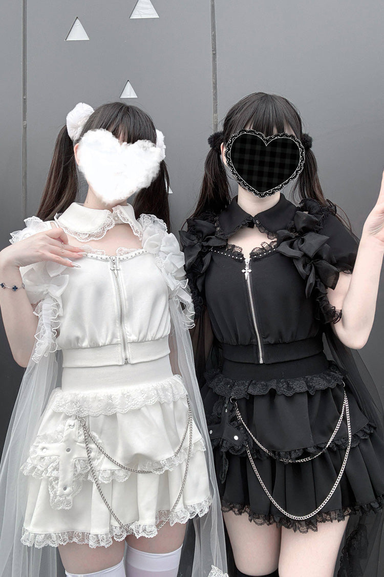 Gothic Layered Lace Zip Chain Skirt Set with Short Sleeves - Song of Atonement