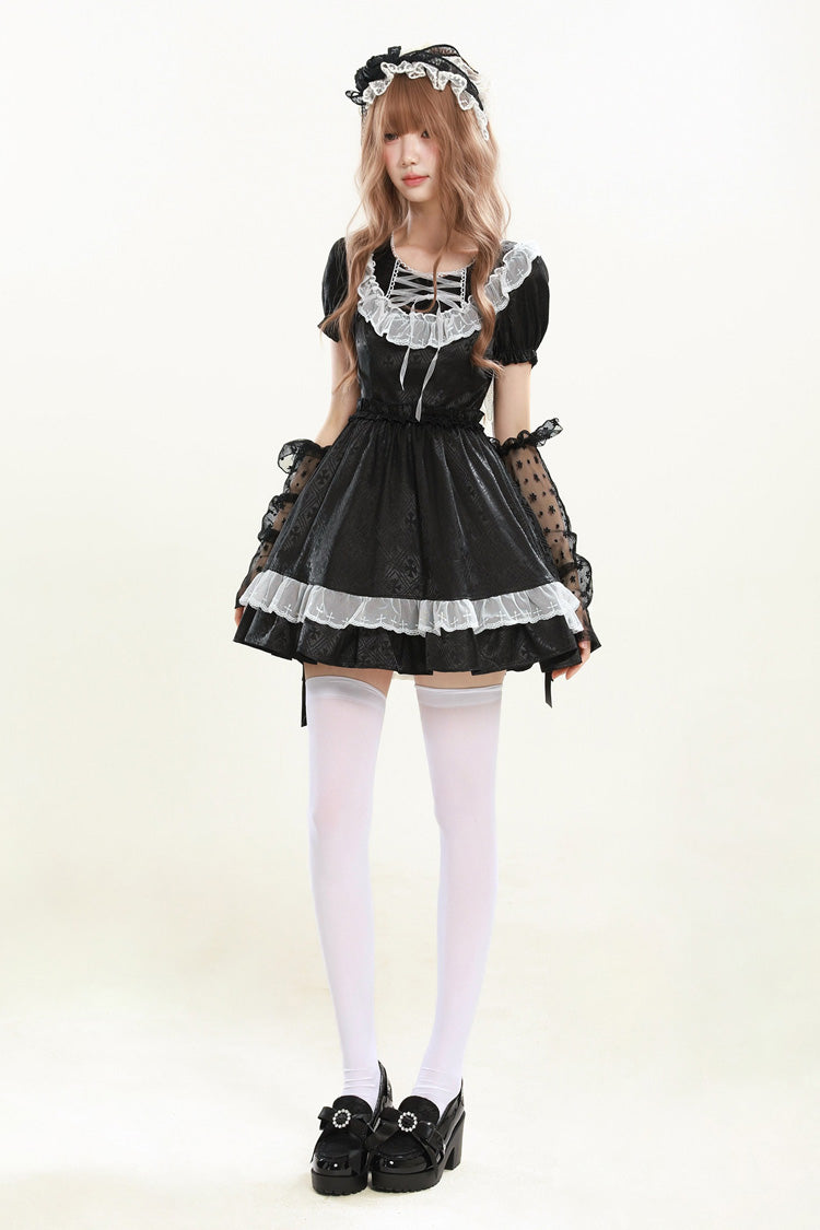 Night Alley Angel Lapel Collar Short Sleeves Jacquard Ruffled Lace Gothic Lolita Dress - Black