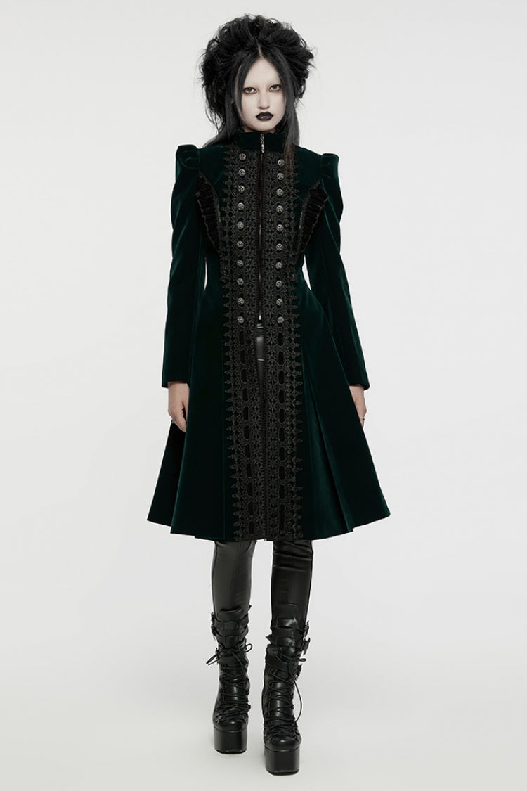 Floral Embroidery Puff Sleeve Long Coat - Gothic