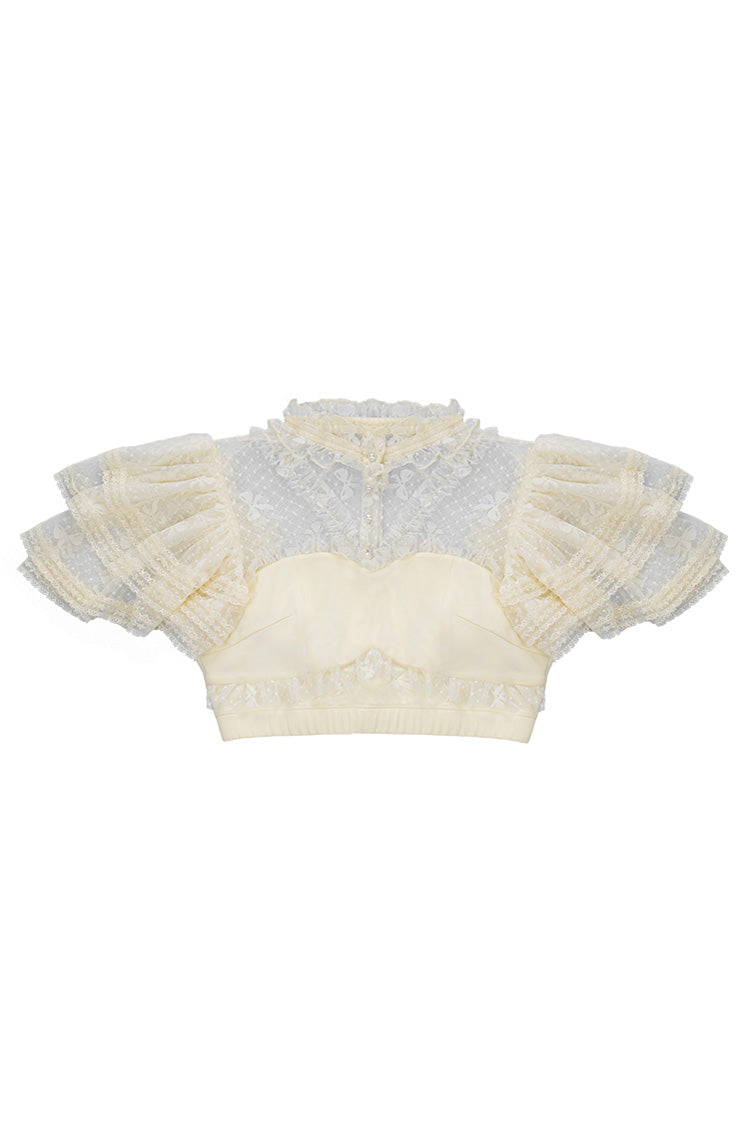 Hollow Lace Sweet Blouse with Removable Pads & Short Sleeves