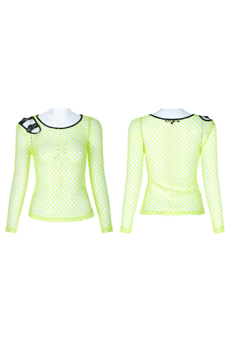 Emerald Punk T-Shirt with Hollow Shoulder and Coarse Mesh Details