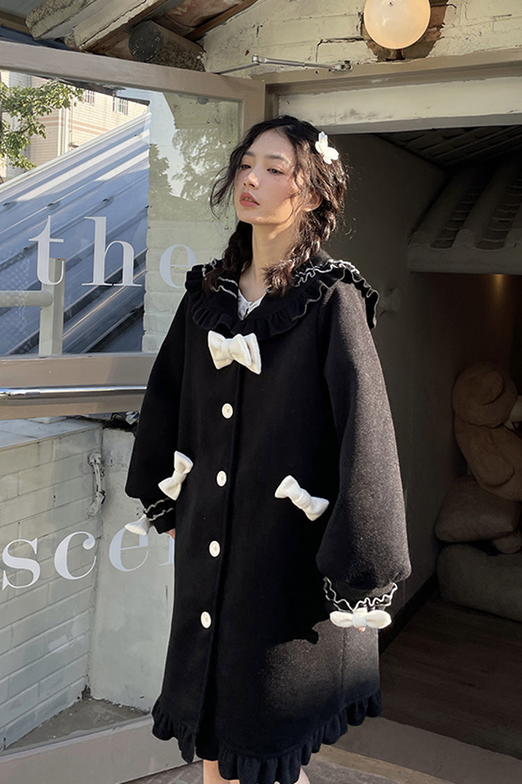 Doll-Collar Long-Sleeve Bow Princess Coat in Black