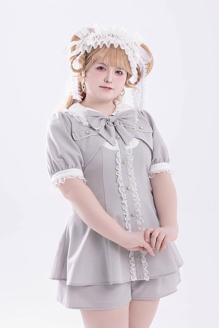 Grey Short Sleeves Ruffle Bowknot Fake Two Pieces Jirai Kei Japanese Dress Shorts