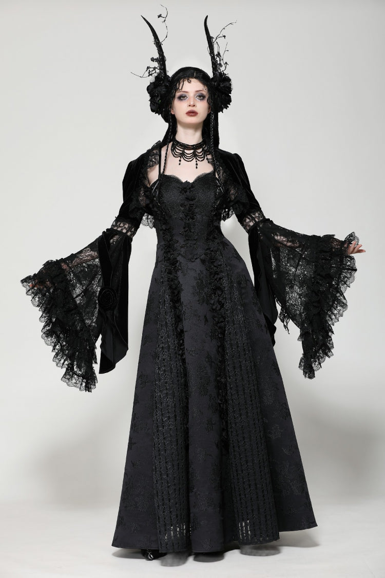 Jet-Black Gothic Cape with Flared Sleeves and Ruffled Lace Trim