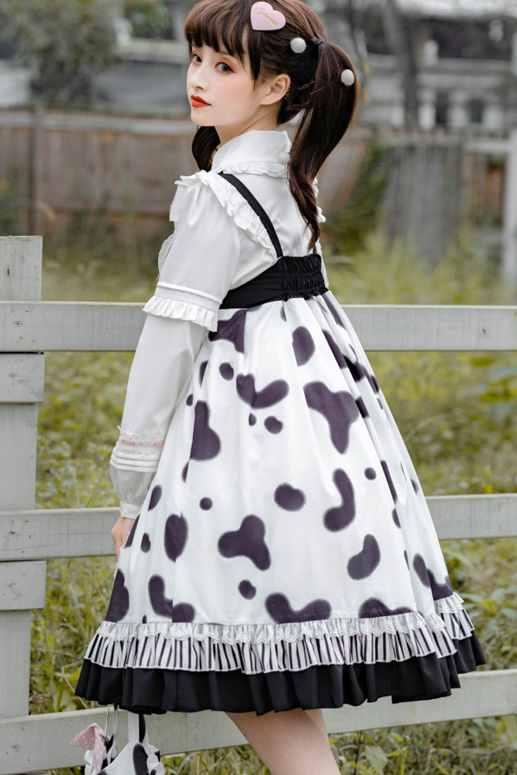 Black/White Sweet Lolita Jsk Dress High Waist Ruffled Milk Pudding Printed - Altfashion Shop