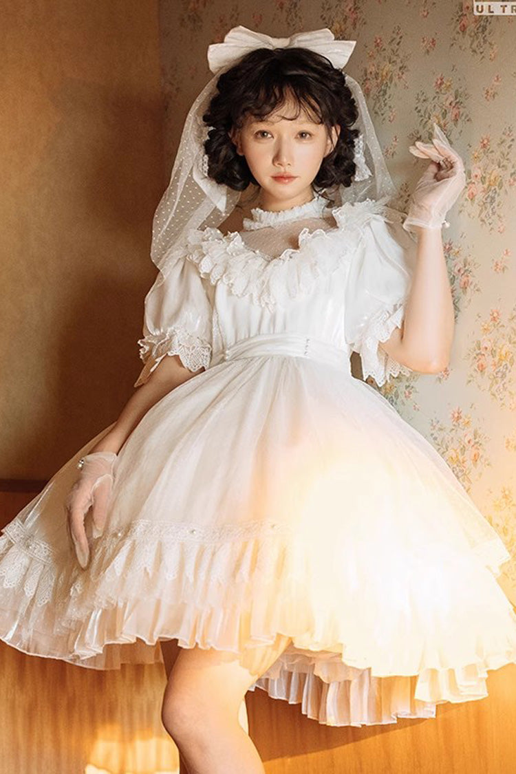 White Layered Ruffle Hanayome Hollow Bow Lace Vintage Gorgeous Lolita Dress