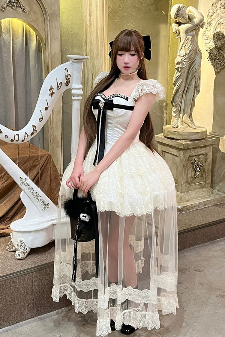 Cream Hepburn Heart Square Collar Sleeveless Multi-Layer Cut-Out Bow Lace Sweet Lolita JSK Dress