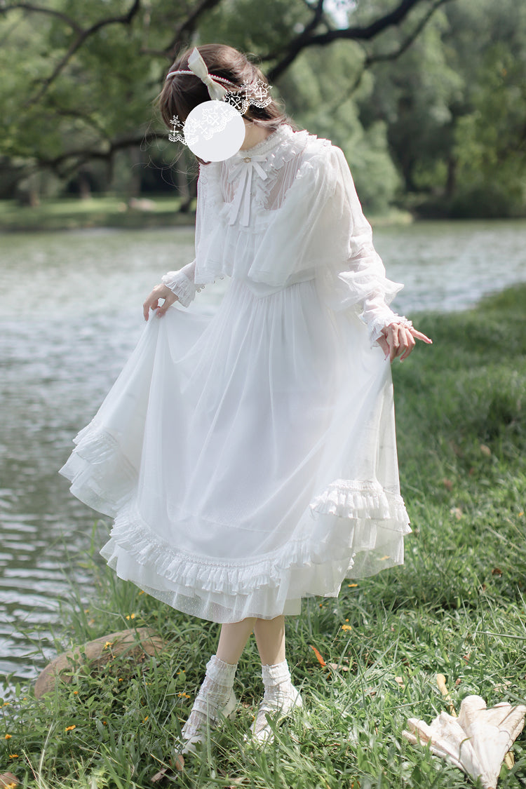 Ivory Long Sleeve Bow Lace Sweet Elegant Dress