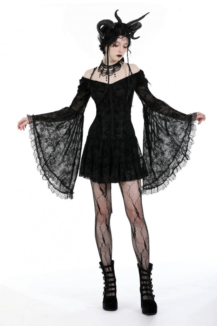 Off Shoulder Long Trumpet Sleeves Velvet Spliced Mesh Gothic Graduation Dress