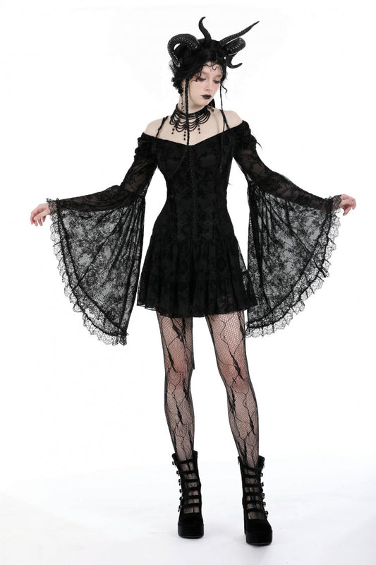 Off Shoulder Long Trumpet Sleeves Velvet Spliced Mesh Gothic Graduation Dress