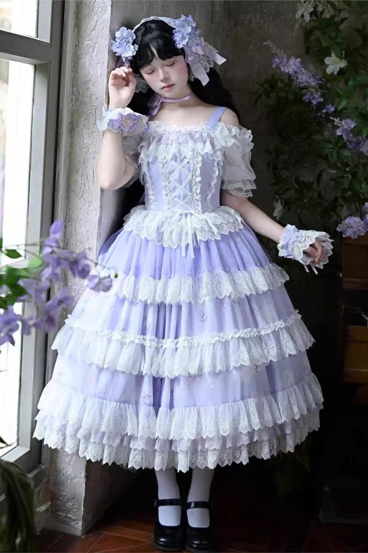 Violet Lavender Sleeveless Multi Printed Ruffled Bow Lace-Up JSK Set