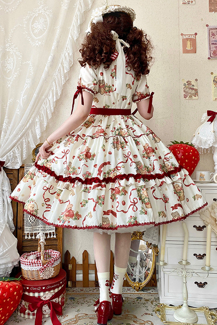 Bear Strawberry Garden Collar Short Sleeve Print Bow Sweet Lolita Dress