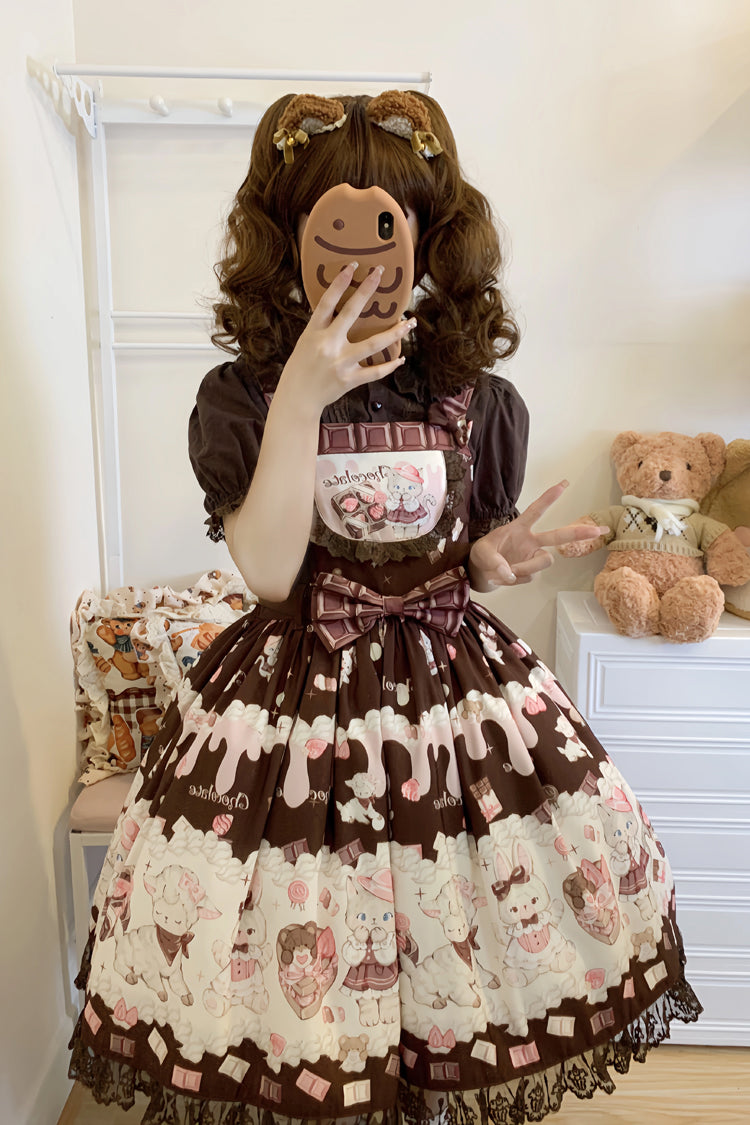 Chocolate Rosette Cat Printed Bow Stitching Lace Sweet Lolita JSK Dress