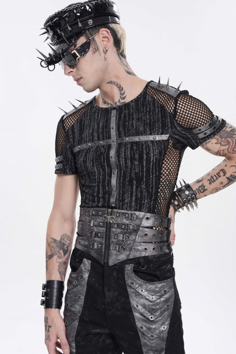 Studded Zippered Eyelet Punk Belt, Black Layered