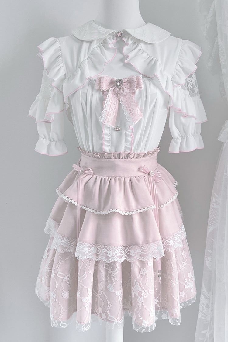 Pale Pink & White Short-Sleeve Triple Ruffled Bow Lace Jirai Kei Skirt Ensemble