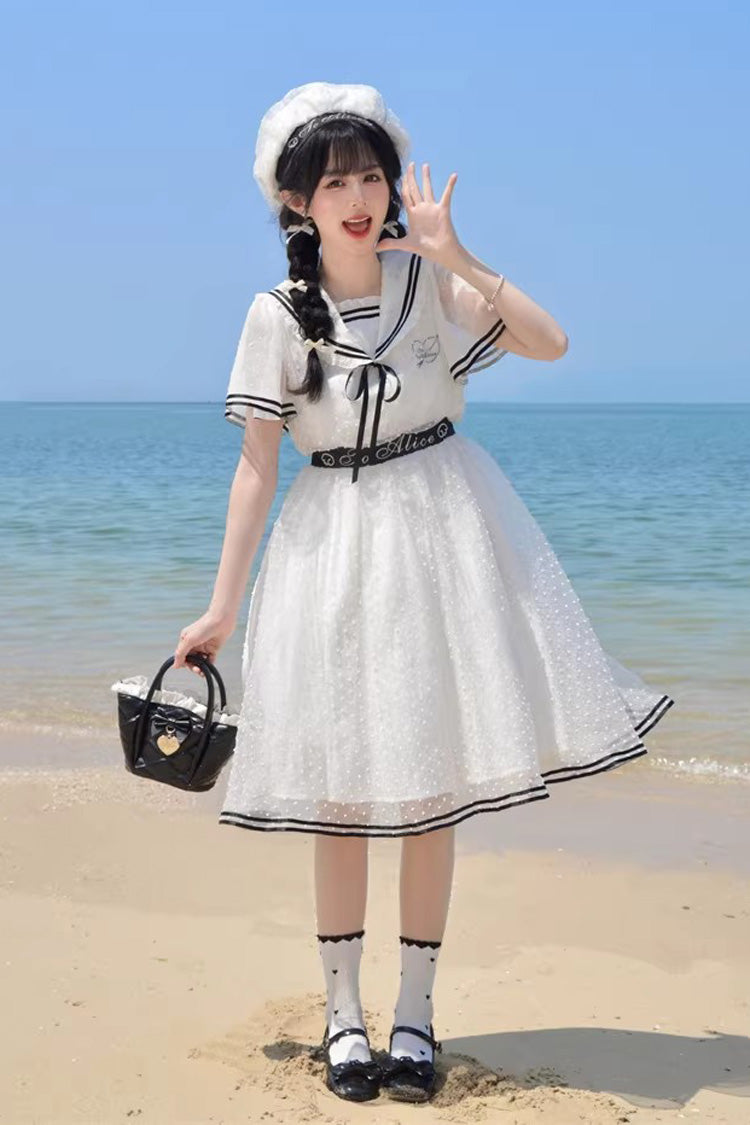 Ivory Navy Collar Ruffled Sailor Dress with Lace-Up - Seaside Sweetheart