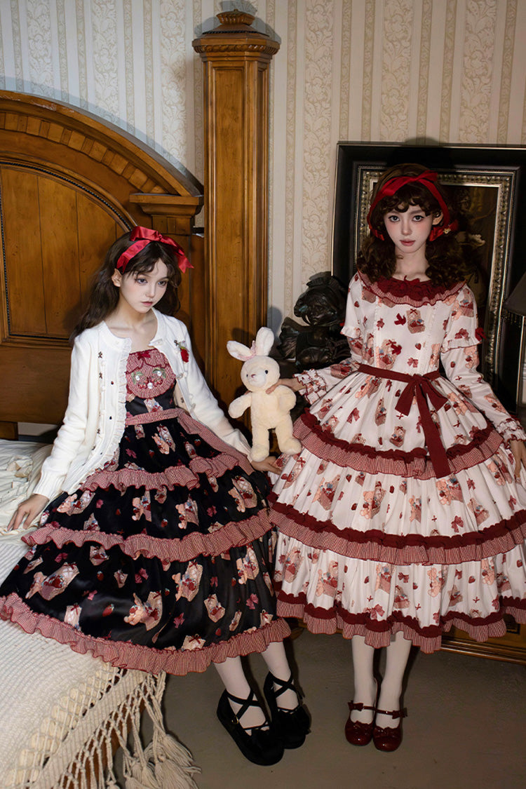 Blush Pink & White Berry Farm Print Long-Sleeve Layered Ruffled Sweet Lolita Gown