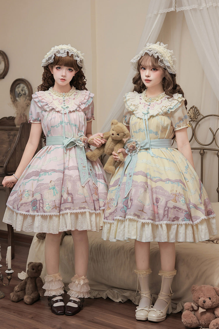 Brown Dollhouse Short Sleeves Bear Printed Ruffled Bow Sweet Lolita Dress Set - Pink
