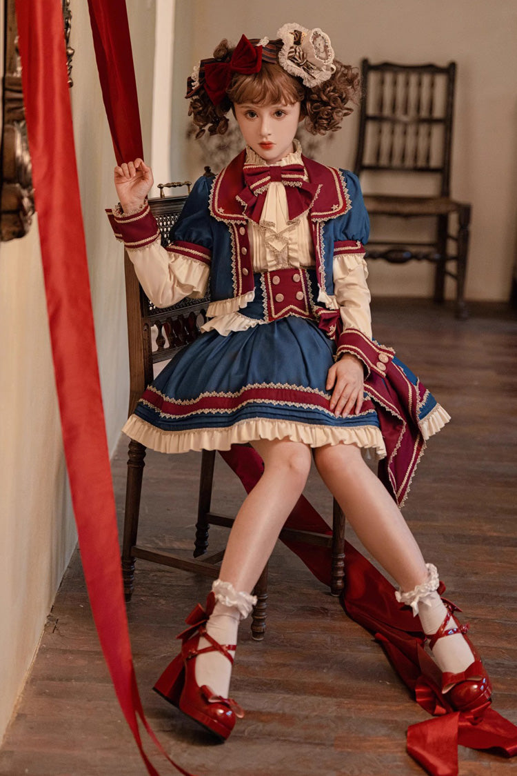 Patriotic Star Round Collar Ruffled Sweet Lolita Skirt Set - Red White Blue