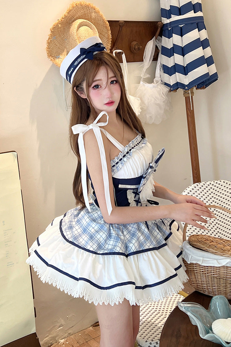 Blue/White Sailing Love Navy Collar Sleeveless Plaid Print Ruffle Ribbon Girly Lolita Dress