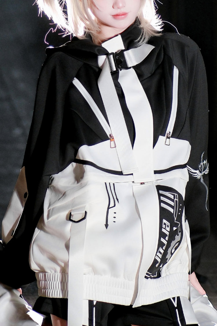 Black/White Zero-Type Transformation Techwear Long Sleeves Embroidered Hooded Punk Jirai Kei Shorts Coat Set