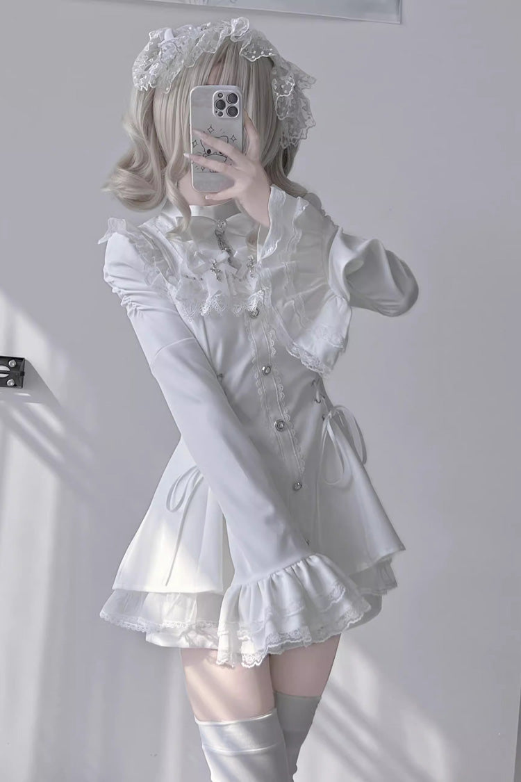 White Long Trumpet Sleeves Bowknot Lace-Up Gothic Jirai Kei Dress Shorts Set