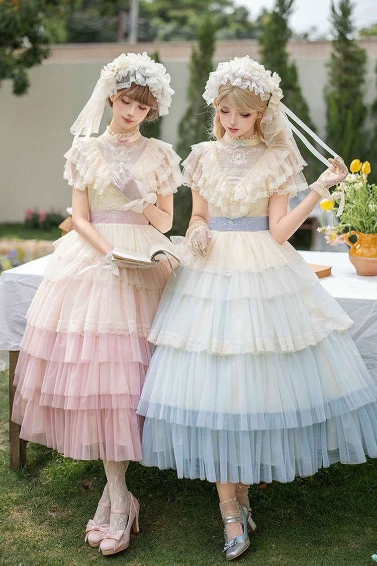Sweet Lolita Dress with Edwardian Collar and Ombre Ruffles - Blue