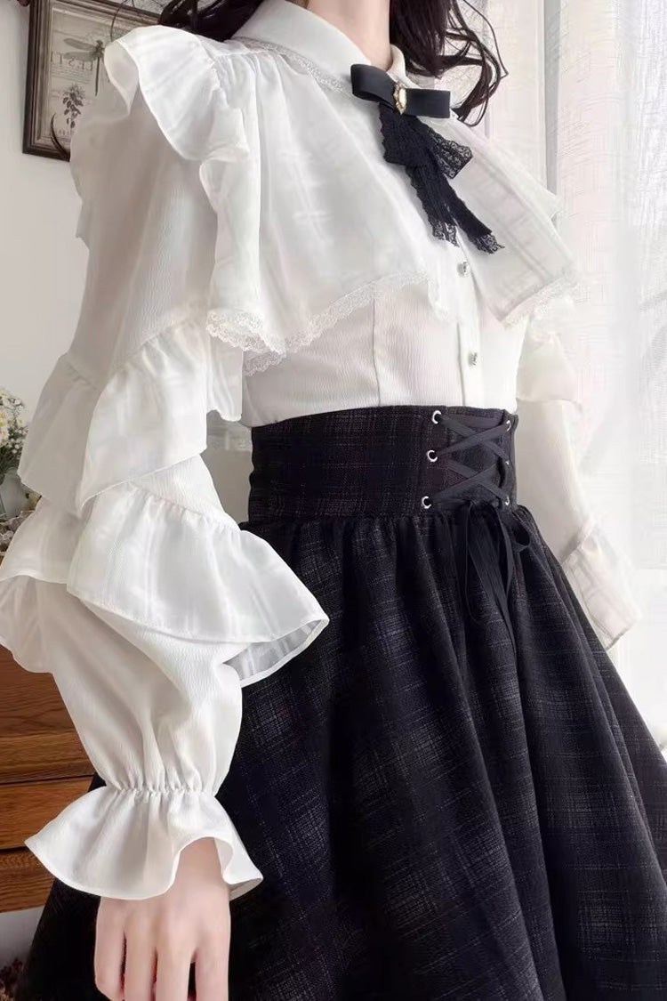 Black/White Long Sleeves Plaid Printed Lace Lace-Up Sweet Jirai Kei Skirt Set