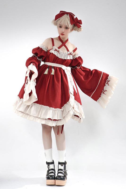 Sleeveless High Waist Ruffle Bow Asymmetric Gothic Lolita Jumper Dress - Red